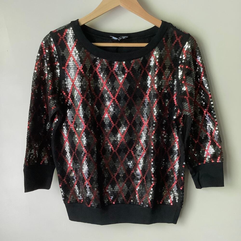 Express Womens Multicolor Argyle Pattern Shimmery Sequined Crewneck Top Sz Small